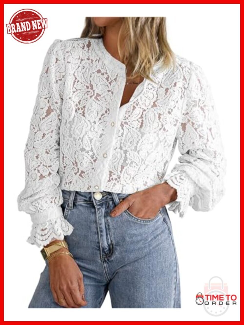 Women's Lace Blouse Long Sleeve Button Up Shirt Dressy Casual Work Top